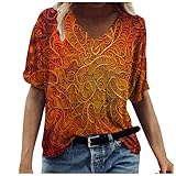 Kviklo Damen T-Shirt Sommer Gedruckt Kurzarm V-Ausschnitt Casual Tops Urlaub Plus Size Polyester Bluse, B Orange, S