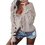 Pullover Damen Strickpullover Damen Off Shoulder Oversize Langarmshirt Grobstrick Sweater Winterpullover Schulterfrei V-Ausschnitt Causal T-Shirt（Khaki，L）