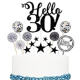 Conruich 30. Geburtstag Tortendeko Set Hello 30th Birthday Kuchen Topper Schwarz Cake Topper mit Papierfächer und Konfetti Luftballons Glitzer Cupcake Topper für 30. Geburtstag Party Dek