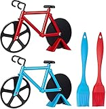 4 Stück Weihnachten Fahrrad Form Pizzaschneider und Grillbürste, Edelstahl Fahrrad Pizzaschneider, Geeignet für Weihnachten und Neujahr Pizzaliebhaber, Blau und R