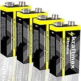 kraftmax 4er Pack Xtreme 9V Block Hochleistungs- Batterien ideal für 10 Jahres Rauchmelder - 6LR61 9 Volt Longlife Blockbatterie mit maximaler Leb