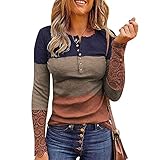 Spitzenbluse Damen Elegant Langarm Pullover mit Spitze Nähen Bluse Oberteile mit geknöpfter Knopfleiste Kontrastfarbene Patchwork Tunika Slim Fit Basic Hemd Herbst Winter Sweatshirt Lang