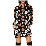 STOREYH Frauen Schöne Cartoon Halloween Kürbis Druck Kleid mit Kapuze Herbst Winter Elegant Langarm Wickel Verband Hüftrock knielanges Hooded Kleider Bequem Luftig Mini Dress Freizeit Slim Fit H