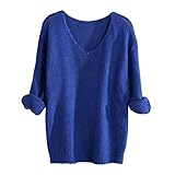 Xmiral Damen Pullover Häkeln V-Ausschnitt Langarm Pure Color Strick Tops Sweatshirt (3XL,Marine)