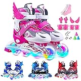 Inline Skates Kinder Einstellbarer Größe Rollschuhe Mit Leucht PU Räder Dreifach Schutz Leichte Anfänger Rollerskates für Mädchen/Jung