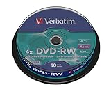 Verbatim DVD-RW 4x Matt Silver 4.7GB I 10er Pack Spindel I DVD Rohlinge beschreibbar I 4-fache Brenngeschwindigkeit & Hardcoat Scratch Guard I DVD leer I Rohlinge DVD wiederbeschreibb