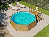 POOLCREW Holz Pool 8 Eck Rund aus Massivholz, Swimmingpool, Schwimmbecken, Aufstellpool inkl. Leiter, Folie, Filter 476 x 376 x 116