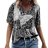 Nileco Womens V-Ausschnitt Tops Kurzarm Schmetterling Tie Dye Gedruckt Entspannt T-Shirt-Grau L