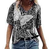 Nileco Womens V-Ausschnitt Tops Kurzarm Schmetterling Tie Dye Gedruckt Entspannt T-Shirt-Grau L