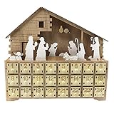 HaoNiu Holz-Adventskalender, Weihnachtskrippe aus Holz, mit LED-Beleuchtung, Countdown-Schub