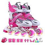 Superior Comfort Inlineskates für Mädchen und Jungen, mit 8 LED-Leuchtrollen, verstellbar, atmungsaktives Obermaterial für Wärmeableitung, rechter Fuß, unabhängige Bremse, tolles Geschenk, Pink, L