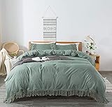 Softta Grüne Quaste Boho Bettwäsche Fransen Twin XL 3-teilig 100% gewaschene Baumwolle Vintage und Bauernhaus Rüschen Baby Teens Bettbezug-S