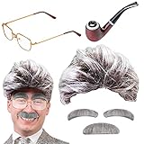 Alter Mann Kostüm Zubehör mit Grauer Opa Perücke + Schnauzbart + Augenbrauen + Runde Brille, Fasching Karneval Halloween Verkleidung Opa Grandpa Professor kauziger Alter Groß