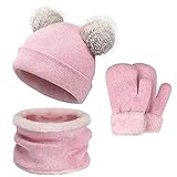 Bequemer Laden Strickmütze Schlauchschal und Handschuhe für Jungen und Mädchen 3-6 Jahre alt mit Plüsch Innenfutter und Ball Beanie Scarf und Handschuhe für Tägliches Trag