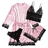 4 Teiliges Satin Pyjama Dessous-Sets, Dessous Frauen Spitze Babydoll Nachtwäsche Nachthemd Set Kimono Damen Morgenmantel Satin Bademantel Seide Roben V Ausschnitt Mit Blumensp