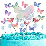 Ulikey Kuchen Topper Set, 19 Stücke Kuchendeckel Topper Tortendeko Kuchenfahne Happy Birthday Kuchendeckel Schmetterlinge Glitter Cake Geburtstag Heart Party Kuchendekoration (BlauA)