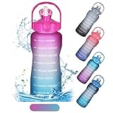 Auslaufsichere Wasserflasche, 2 Liter, Fitness, Sport, mit Strohhalm und Zeitmarkierung, BPA-freie Flasche (pinkgrün)