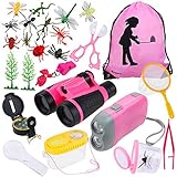 Anpro 25Stk Kinder Outdoor Exploration Spielzeug, Abenteur Spielzeug Kit Fernglas Set Outdoor Adventure Set mit Tragetasche Spaß Geschenk Spielzeug für Camping Weihnachten, Pink