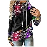 Lazzboy Hoodie Damen Weihnachten Print Kapuzenpullover Frauen Casual Kontrast Splice Sweatshirt Langarm Strap Tops Hoodies Farbblock Pullover Shirts Kordelzug Oberteil ( Schwarz,M )