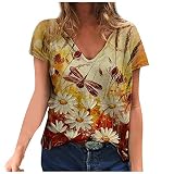 STPT T-Shirt Damen Sommer 3D Drcuken Oberteile Kurzarm Blusen T-Shirt V-Ausschnitte Loose Oversize Shirt Retro Blumen Drucken Frauen Bluse Tops Casual Bedruckt Oberteile Top Mode Tunik