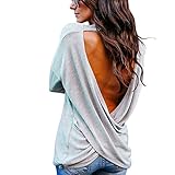 Lulupi Tshirt Damen Langarm Rückenfreie Shirt Sexy Pullover Oberteil V Ausschnitt Tops Frühling Herbst Lose Bluse Frauen Elegant Langarmshirt T-S