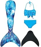 DNFUN Mädchen Meerjungfrauenschwanz für Schwimmen mit Meerjungfrau Flosse - Prinzessin Cosplay Meerjungfrauenflosse zum Schwimmen, 4 Stück Set,O03,130