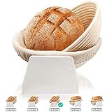 Gärkorb Runder Ovaler Satz mit 2, 2 Hefekörben für Brot und Brotteig, hergestellt aus Natürlichem Rattan, Idealer Brotform-Brotkorb Banneton Gärkorb mit Leineneinsätzen, Teigschaber Set Rund(22+25cm)