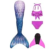 GNFUN Mädchen Meerjungfrauenschwanz Zum Schwimmen mit Meerjungfrau Flosse- Prinzessin Cosplay Bademode für das Schwimmen mit Bikini Set und Monoflosse, 4 Stück Set , Gn02 , 140-150