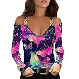 Briskorry Trendige Oberteile für Damen Schmetterling Printing Shirts Herbst Schulterfreies Sweatshirt Schmale Tunika mit V Ausschnitt aus Spitze Langarmb