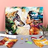 Kreuzstich Stickpackung - Frau Wolf 11 CT 40×50 cm DIY Stickerei Set Weiß Segeltuch - Kreuz Nähen Handarbeit Weihnachten Geschenke Cross S