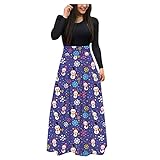 Briskorry Damen Weihnachten Druck Langarm Kostüm Party Kleider Vintage O-Ausschnitt Abendkleid Oversize Partykleid Bodenlang Nachtkleid Swingkleid Ballkleid Hexenk