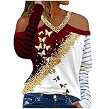 Masrin Trendige Oberteile Damen Pullover mit goldenem Schmetterlings Print T Shirt mit Kontrastnähten Langarm Tunika mit schrägem Ausschnitt Unregelmäßige schulterfreie Bluse Herbst Lang