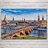 Panoramabild auf Leinwand,Augustusbrücke Dresden Skyline Landschaftsbilder auf Leinwand,Leinwand Wandkunst Gemälde für Wohnzimmer Dekor 80x120cm(32x48in) R