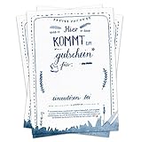 Hochzeitsspiel für Gäste - 52 Postkarten Hier kommt ein Gutschein - Geschenkgutscheine Partypiel zum selbst ausfüllen, Recyclingpapier Gutscheinkarten & Postkartengruß, Blau Weiß