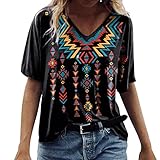 TTWOMEN Damen Kurzarm V-Ausschnitt Lässiges lockeres T-Shirt Folk Style Retro Bedruckte Blusenob