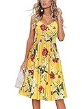 Damen Sommer Rückenfrei Kleid Spaghettiträger Blume/Leopard Print V-Ausschnitt Kreuz Sommerkleid mit Taschen, gelb, XX-Larg