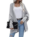 Damen-Strickjacke, lockerer Stil, einfarbig, lange Ärmel, offene Vorderseite, Kapuzenpullover, Strickjacke, Outwear, grau, L