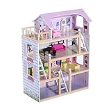 HOMCOM Puppenhaus aus Holz Puppenvilla für Kinder ab 3 Jahren Puppenstube Dollhouse 4 Etagen mit Möbel und Zubehör Spielzeug 60 x 30 x 80