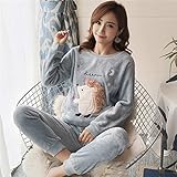 ZHRDRJB Schlafanzug Damen Pyjama Set,Herbst Winter Runde Hals Pullover Pyjamas Grau Igel Langarm Sleepwear Anzug Dick Warm Coral Flanell Nachthemd Weibliche Plus Größe Lose Homewear, M