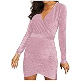 L9WEI Kleid Damen Sexy Kleid Damen Ballkleider Wraps Langarm Party Kurz Kleider Sexy Glitzer Abendkleider Elegante Wedding V-Ausschnitt Kleider Damen F