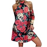 Komiseup Kleid Damen, Sexy Kleid Damen, Kleid Damen Elegant, Frauen Sexy Halfter Schulterfrei Langarm Formale Totenkopf Druck Herbst Maxik