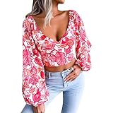 Elegantes Oberteil für Damen, im Resort-Stil, Laternenärmel, sexy, modisch, mit Schleife, florales Chiffon-Hemd, V-Damen-T-Shirt, rot, S