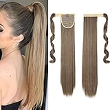 S-noilite Haarteil Zopf Pferdeschwanz Glatt Haarverlängerung Natürlich Wrap on Ponytail Wie Echthaar Hairpiece 58cm Lang Aschbraun mix Bleichmittel B