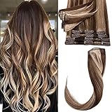 Echthaar Extensions Clip 8 Teile 18 Clips Remy Human Hair Glatt Günstig Haarverlängerung Weich Haarteil 40cm/65 Gramm 4P27# Mittelbraun & Dunkelb