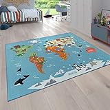 Paco Home Kinder-Teppich Für Kinderzimmer, Spiel-Teppich, Weltkarte Mit Tieren, In Grün, Grösse:120x160