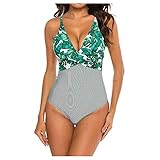 Briskorry Damen Badeanzüge mit einteiligem Badeanzug gepolsterter Badebekleidung bauchweg Badekleid Vintage Push Up Figurformender Bademode Crossover Spleißen Print Strandkleidung