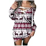 Damen Langarm Pulloverkleid Strickkleid Schulterfrei Partykleid Pullover Kleider V-Ausschnitt Elegant Tunika Kleid Für Herbst Winter Minikleid Sweatshirt Lose Weihnachten Druck Sexy Freizeitk