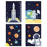 ChicResult Wandbilder 4er Set Astronaut - Weltraum Deko Poster für Jungs Kinderzimmer - Kinderbilder, Rakete, Planeten, Weltall (DIN A4 ohne Bilderrahmen)