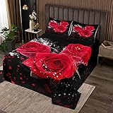 3D Rose Bettüberwurf 220x240cm für Mädchen Rose Blumen Drucken Steppdecke Jugendliche Romantische Blumen Muster Tagesdecke Luxus Rot Schwarz Raumdek