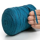 MeriWoolArt Baumwollgarn für Stricken, Makramee, Häkeln, Weben, Geschenkband für Weihnachten - 10 mm Textilgarn, 150 m T-Shirt Garn - Neue Qualität (Ozean)